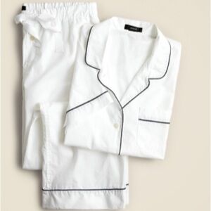 NWT J. Crew White Full Length Pajama Set with Black Piping Cotton Long Sleeve